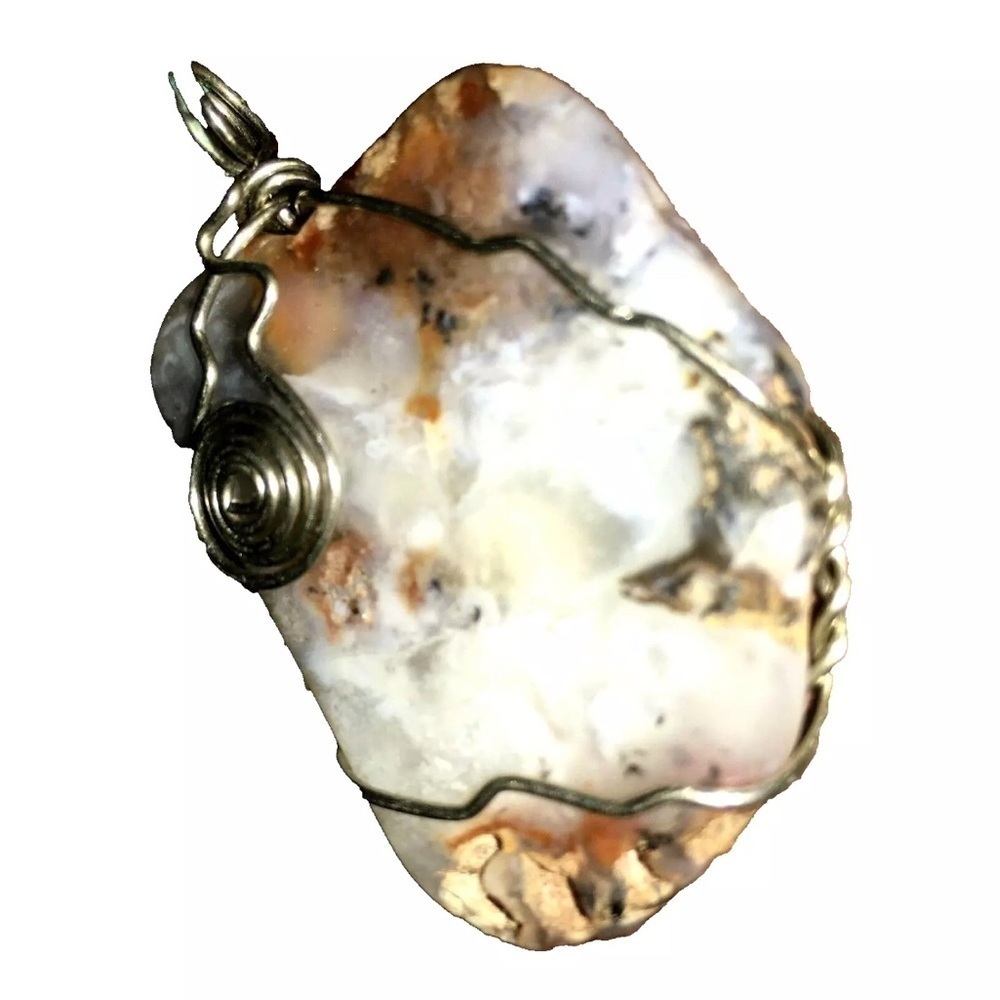 Agate Necklace Artisan Hand Crafted Silver Set with Tan Leather Chain 1.5 in